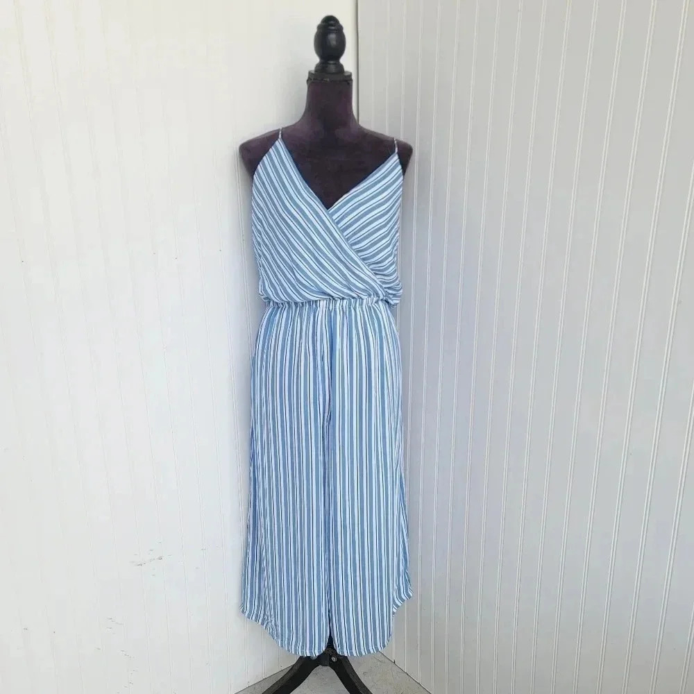 Storee Women Casual Sleeveless Spaghetti Strap Striped Jumpsuit Blue White Sz M